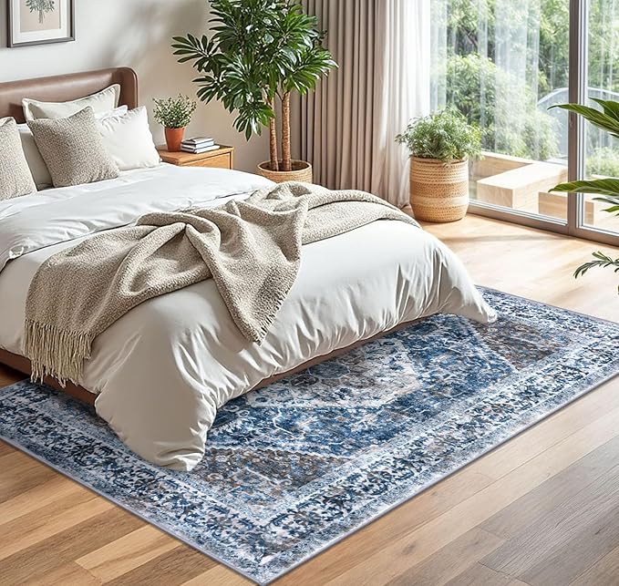KOZYFLY Boho Area Rug 5x7 Ft Thin Rugs for Living Room Washable Bedroom Rug Non Slip Rugs for Living Room Blue Printed Faux Wool Vintage Bedroom Rug Floor Carpet for Dining Room