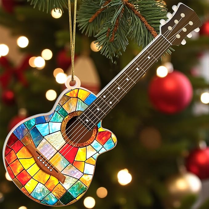 Acrylic Guitar Ornament, Double-Sided Stained Glass Style Music Ornament for Christmas Tree, Gift for Musicians, Guitar Players & Music Lovers, Holiday Decor with Suncatcher Effect