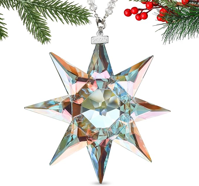 2025 Annual Crystal Christmas Ornaments Glass Snowflake Star for Tree Window Hanging with Bead Chains and Ribbons