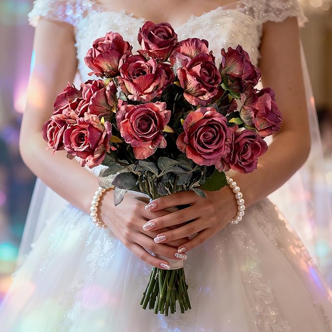 Artificial Flowers Artificial Roses 23.2In Fake Roses Long Stem Artificial Flowers for Tall Vase Silk Rose Suitable for Indoor Decoration Wedding Party Decor DIY Bouquet Autumn (20PCS,Red)