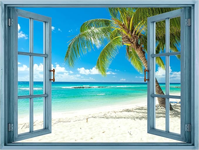 wall26 Removable Wall Sticker/Wall Mural Window View Tropical Blue Teal Beach Shore Paradise Wilderness Nature Photography Realism Rustic Landscape Colorful for Living Room, Bedroom, Office - 36"x48"