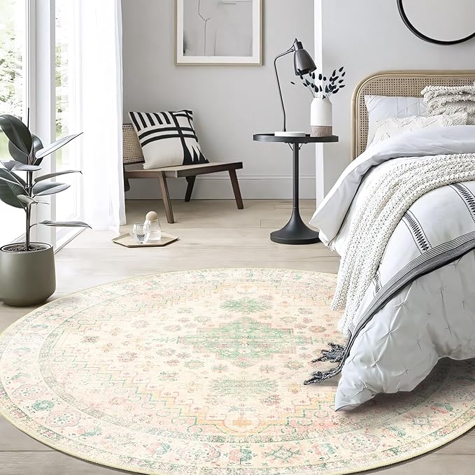 MUJOO Round Rugs 5ft,Circle Area Rug Washable,Circular Rugs for Living Room Dining Room,Boho Non Slip Throw Carpet Light Pink and Green