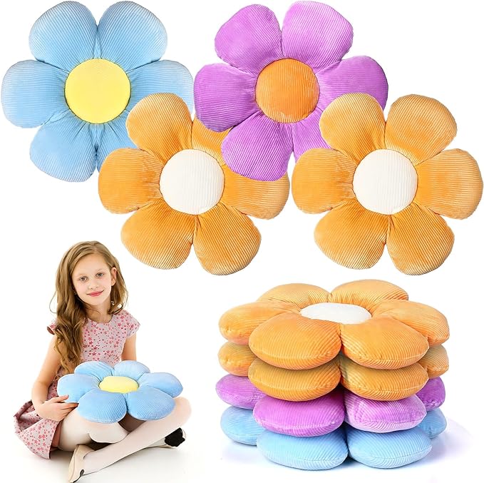 Reginary 4 Pcs Flower Floor Pillows Cute Plush Flower Throw Pillows Daisy Floor Seat Cushion Chair Pads for Christmas First Day of School for Sofa Couch Bed Decor(15 Inch,Bright Color)