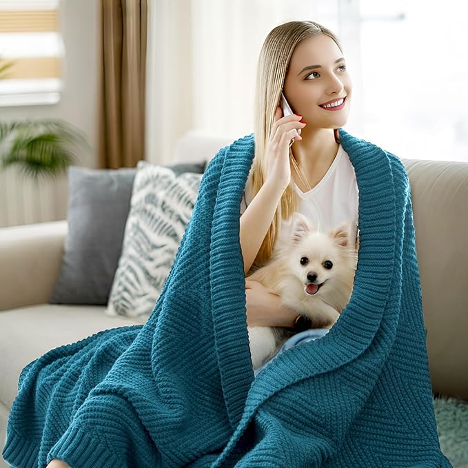 Knitted Throw Blanket 50"X60", Teal Knit Throws for Bed, Super Soft Boho Chevron Blankets for Couch Sofa Chair Room Decor, Textured Decorative Farmhouse Cozy Lightweight