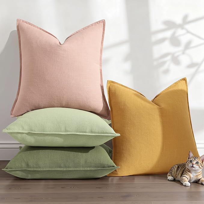 decorUhome Christmas Decorative Linen Throw Pillow Covers 22x22 Inch Set of 2 Mustard Yellow Soft Pillow Covers with Flange Edges Soft Farmhouse Boho Accent Pillow Cases for Couch Sofa Bed Living Room