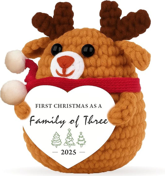 Mini Crochet Reindeer with “First Christmas as a Family of Three” Card – Handmade Hanging String Christmas Ornament 2025 Keepsake Gift for New Parents, Baby’s First Holiday Decoration
