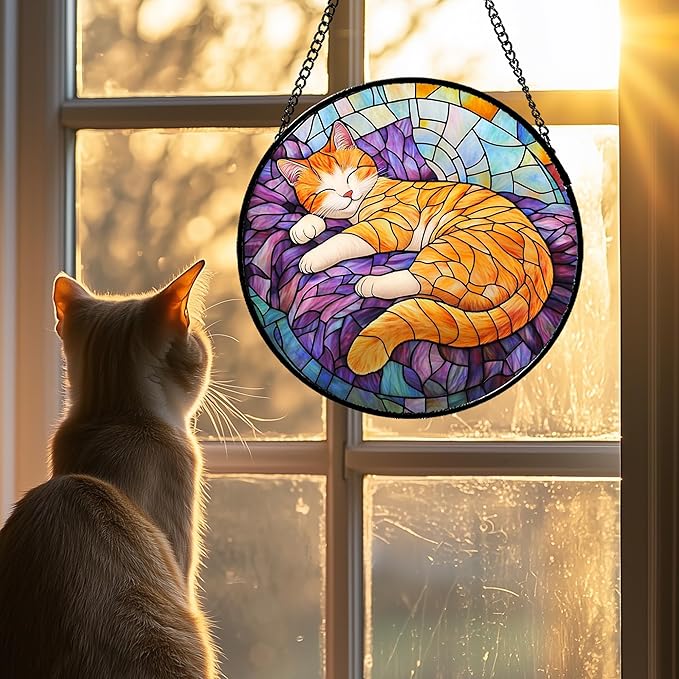 Stained Glass Window Hanging Sleeping Orange Cat 6.3" - Memorial Gift Suncatcher Door Sun Catcher Decor Birthday Christmas for Lost Pets Mom Men Woman Friend