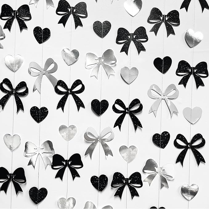 Bow Decorations Siver Black Metallic Glitter Paper Bow Heart Hanging Garland Streamer for Coquette Birthday Valentines Bachelorette Wedding Bridal Shower Anniversary Hen Party Decorations Supplies