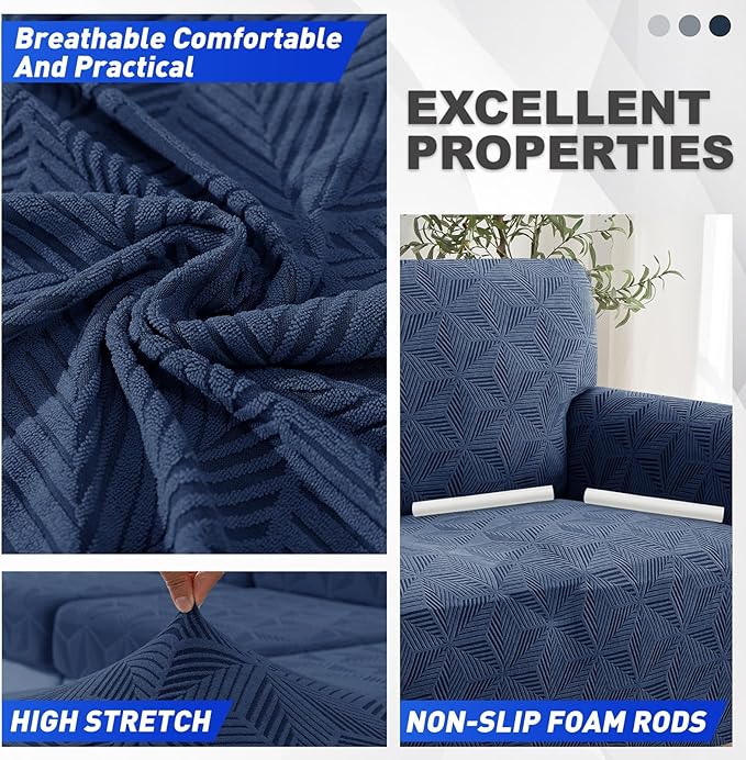 YEMYHOM 1 Piece Stretch Couch Covers for 3 Cushion Couch, Jacquard Sofa Cover with Non-Slip Elastic Bottom, Thickened Slipcover Furniture Protector for Dogs Pets (Large, Navy）