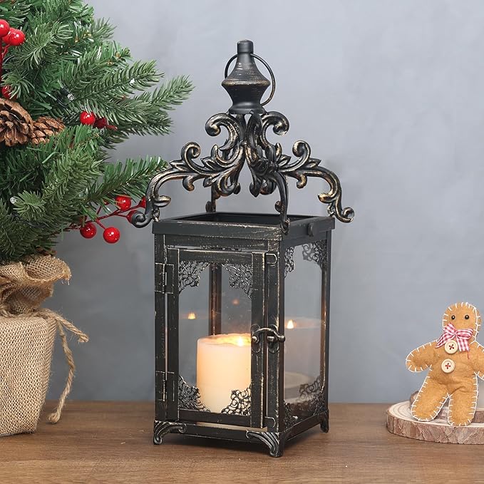 DECORKEY Candle Lantern Decorative Indoor & Outdoor, Large Vintage Metal Hanging/Tabletop Lanterns for Patio, Front Porch, Rustic Home Decor, Candle Holders for Christmas Decorations (Bronze)