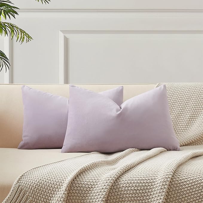 JUSPURBET Couch Pillow Covers Set of 2 Decorative Velvet Throw Pillow Covers Cases for Living Room Bedroom Home Decor Soft Lumbar Cushion Covers with Hidden Zipper for Sofa Bed,Lilac,12x20 inch