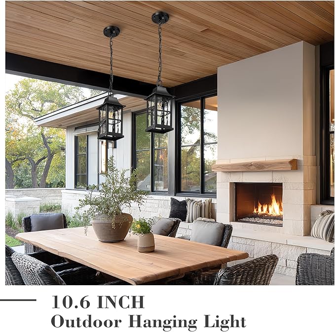 Emliviar Modern Outdoor Hanging Lantern with Dusk to Dawn Sensor, 10.6 Inch Pendant Lighting Fixture for Porch in Black Finish, Water Ripple Glass, YXE306H-PC BK-SW