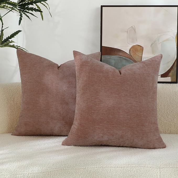Blush Pink Chenille Decorative Couch Throw Pillow Covers, Soft Cushion Cases for Home Livingroom Sofa Décor, Pack of 2, 20 x 20 Inches