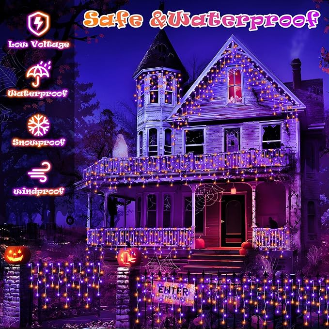 131FT 1280LED Halloween Lights Decoration，Orange Purple Led String Lights Outdoor with 240 Drops，8 Lighting Modes，Timer Memory Function for Halloween Night Party Fence Yard Roof Decor