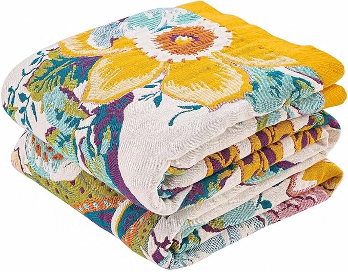 Farmhouse Throw Blanket, 60"x 80" Boho Throw Blankets for Couch Cover, 100% Cotton Bohemian Vintage Quilt for All Seasons Reversible Florals Lightweight Picnic Blankets Home Decoration