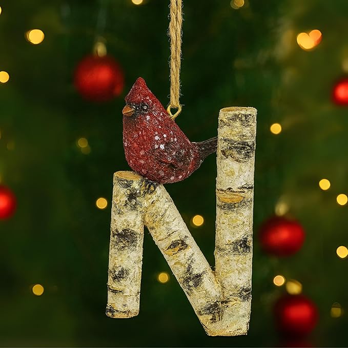 Rustic Cardinal Initial Letter Christmas Ornament – Birch Wood Look Hanging Alphabet Monogram Decoration for Holiday Tree & Winter Home Décor (N)