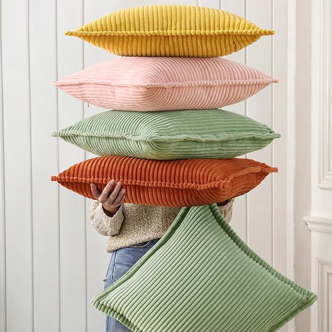 decorUhome Corduroy Mustard Yellow Throw Pillow Covers 18x18 Set of 2 Decorative Soft Boho Farmhouse Euro Couch Pillow Covers for Living Room Bed Sofa Broadside Striped Pillow Cases