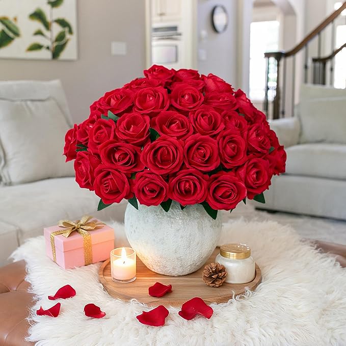 HyeFlora 50 PCS Red Roses Artificial Flowers, Fake Roses with Stems Realistic Silk Roses for DIY Wedding Bouquets Tables Centerpieces Arrangements Party Baby Shower Birthday Home Decor Gift for Her