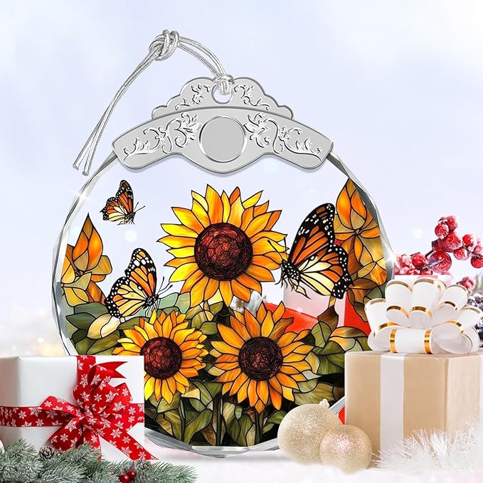 Christmas Ornaments - Sunflowers Stained Glass Ornament - Xmas Decor - Ornaments for Christmas Tree - Holiday Presents - Gift Exchange Ideas - Car Hanging Decoration - Wine Bottle Decor