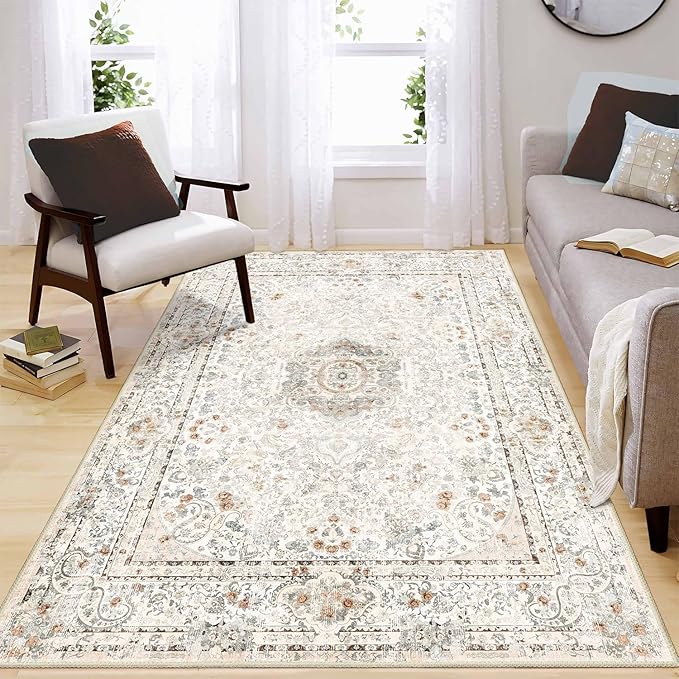 Boho Rug 4'x6.5',Washable Area Rugs for Bedroom Living Room Kitchen Entryway,Small Vintage Bohemian Distressed Non Slip Carpet,Beige