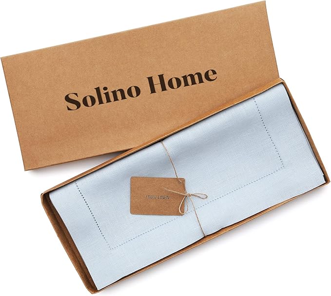 Solino Home Linen Light Blue Table Runner 108 Inches Long - 100% Pure Linen 14 x 108 Inch Table Runner for Winter, Spring, Easter - Classic Hemstitch