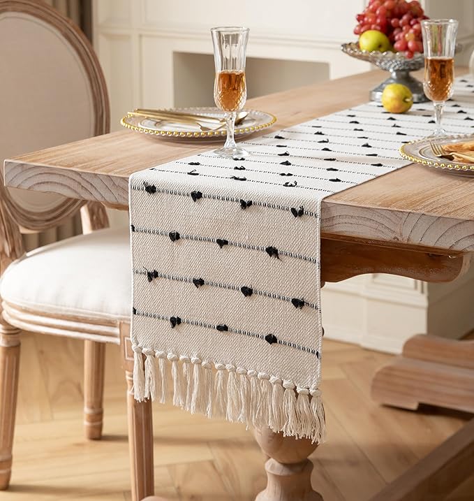 Caflife Boho Table Runner 72 Inchs Long for Modern Farmhouse Room Home Decor, Black and Beige Coffee Table Runner, Natural Cotton Woven with Tassels Neutral, for Kitchen Dining Table Decor