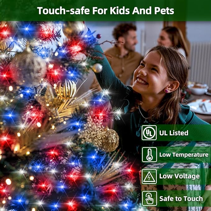 470FT 1500LED Christmas Lights, 12 Modes Red Blue and White Outdoor String Lights with Timer & Dimmable, Waterproof Green Wire Christmas String Lights for Indoor Tree Xmas Patio Fence Wedding Party