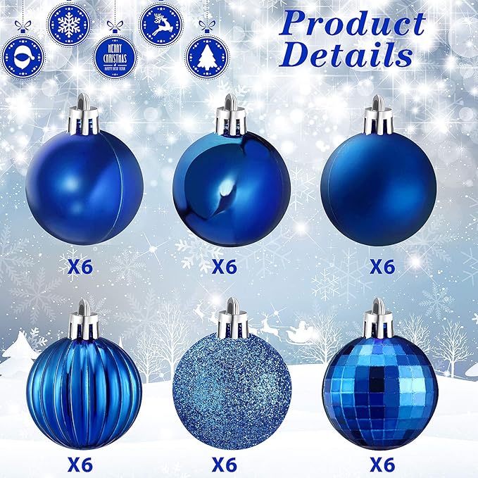 36 Pieces Christmas Ball Ornaments Shatterproof Christmas Decorations Tree Balls for Tree Ornaments Holiday Wedding Party Decoration Hooks 1.57 Inch (Royal Blue)