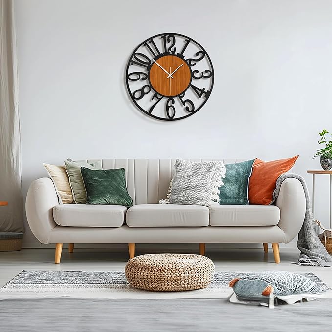 Maxstar Round Wall Clock for Living Room Decor Battery Operated Non Ticking Black Metal Wood Clocks for Home Living Room Garden Office Kitchen Decoration -16 inch