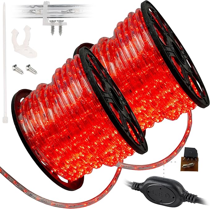 WYZworks 3312LEDs, 300ft LED Outside Rope Lights, Waterproof Permanent Outdoor ETL Certified Connectable Clear Tube, Christmas Palm Tree Holiday Decorative Landscape Patio Accent Lighting - Red