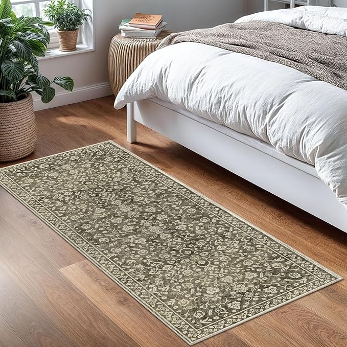 Vintage Washable 2x5 Rug Runner, Taupe Brown Runners for hallways, Super Soft Kitchen Runner Rug Non Slip, Print Faux Wool Floral Thin Carpet Runner for Entryway Indoor Bedroom
