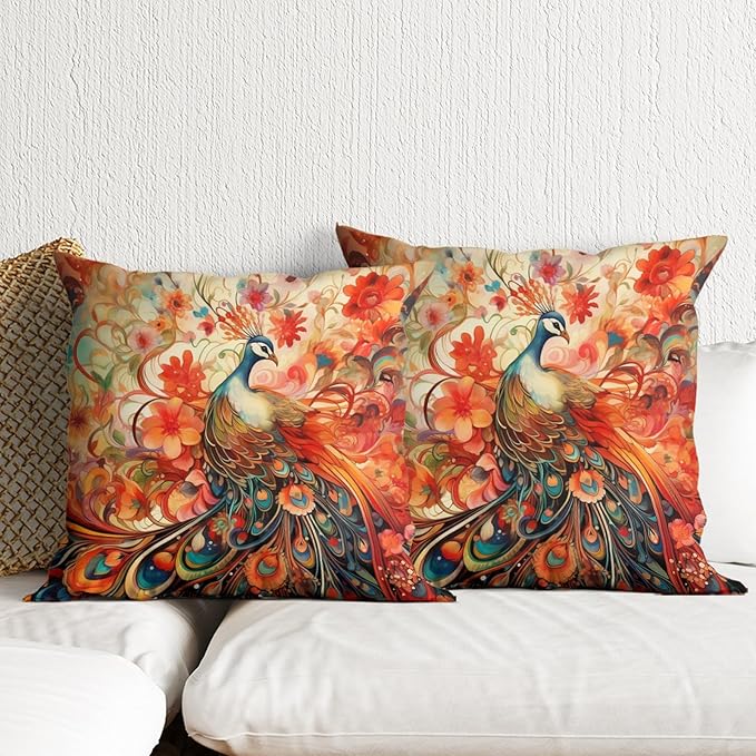Peacock Throw Pillow Covers 18x18 Inch Coquette Bird Animal Throw Pillow Covers for Couch Boho Floral Pillowcases Vintage Chinoiserie Colorful Flowers Farmhouse Sofa Cushion Cover Set of 2