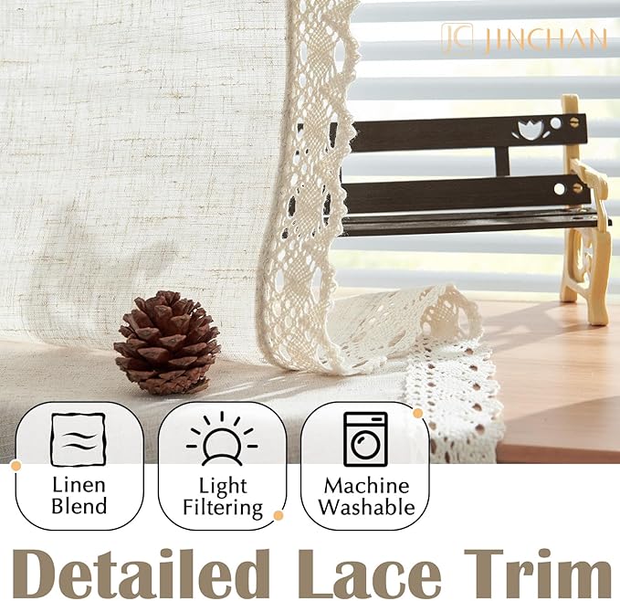 jinchan Linen Curtains for Living Room Bedroom Light Filtering Semi Sheer Curtains Boho Farmhouse French Country Cottage Core Decor Window Drapes Back Tab 90 Inch Length Laced Beige