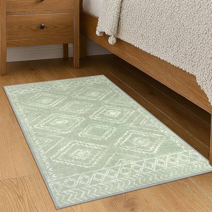 KILOCOCO Boho Entryway Rug 2x3 Printed Small Area Rug Indoor Door Mat Machine Washable Kitchen Rugs Super Soft Non Slip Throw Rugs for Bedroom Entrance Geometric Laundry Room, Grey Green