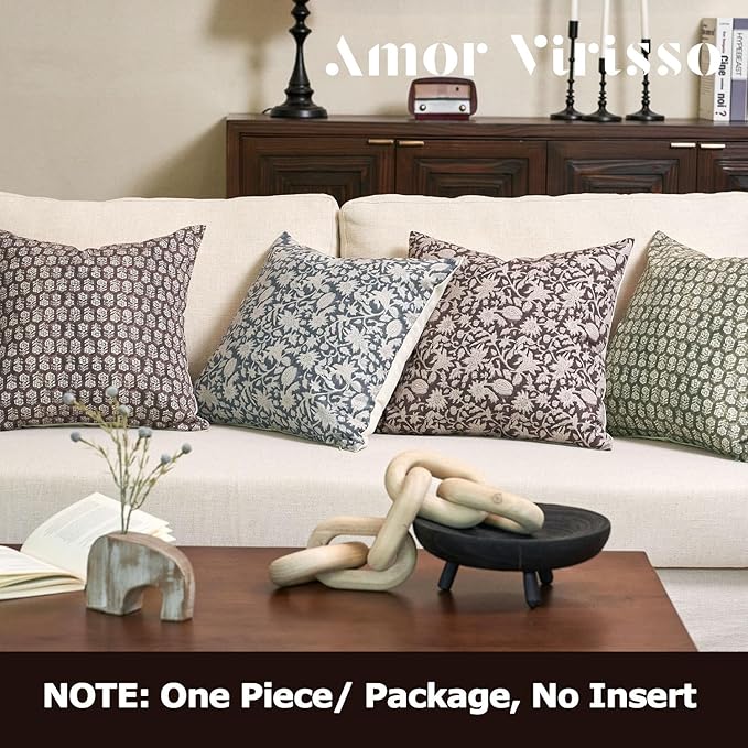 Amor Virisso Throw Pillow Covers 20x20 Floral Pillow Covers Block Print Farmhouse Neutral Pillow Covers Decorative Accent Throw Pillows for Couch Bed Living Room Sofa Pillows 1PC, Dusty Blue