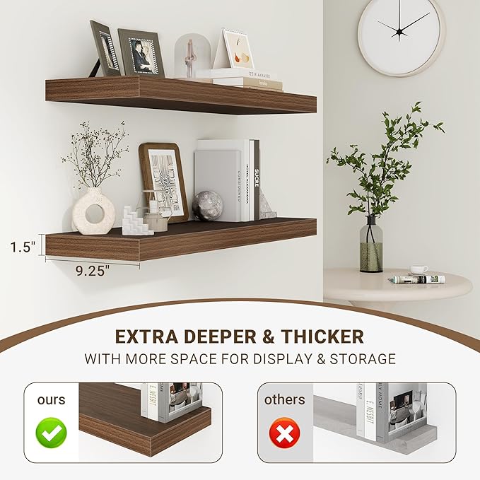 36 Inch Floating Shelves, 36"x9.25"x1.5" Inch Deep Floating Shelves for Wall, Wooden Shelves for Bathroom, Bedroom, Living Room, Walnut, 2 Pieces