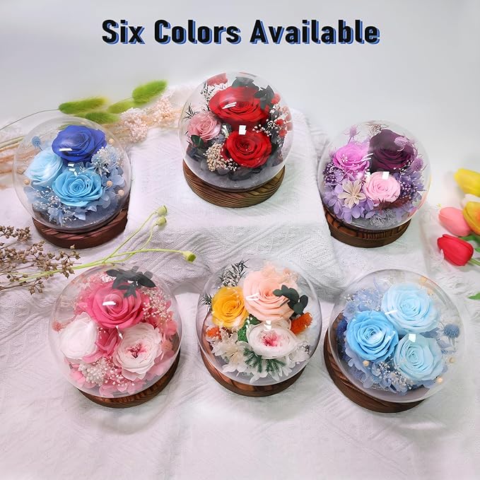FIACO Valentines Gifts for Her Preserved Flowers in Glass Dome Long-Lasting Eternal Roses Birthday Gifts for Women Mom Grandma Wife Girlfriend Blue Forever Flowers for Delivery Prime