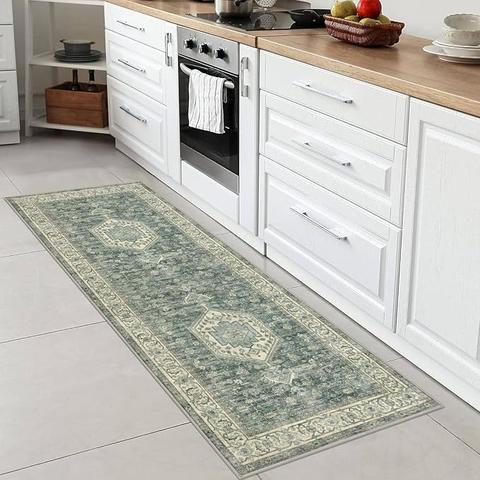 KUTA Runners for Hallways 2x6 Green, Vintage Floral Kitchen Rugs Non-Slip Washable Runner Ultra Soft Printed Retro Flower Carpet Entryway Rug for Bedroom Laundry Nursery Entryways