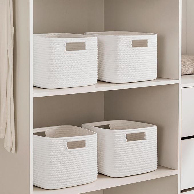 UBBCARE Storage Cubes 4 Pack, 11x 11x 7.8 Cube Storage Bin with Handles, Cotton Rope Baskets for Organizing, Woven Baskets for Shelf, Baby Nursery, Toy Storage, Closet, Classroom, White