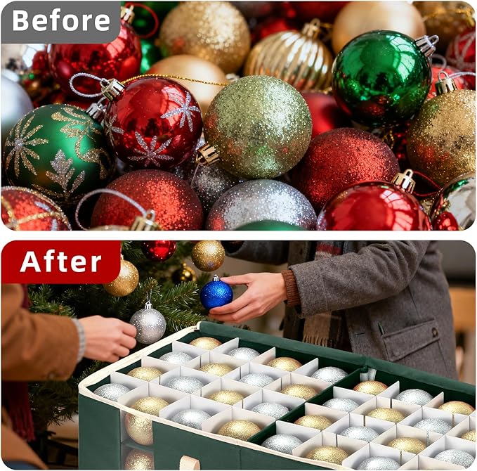 JY COOKMENT Christmas Ornament Storage Box with Adjustable Dividers and Side Pockets, Large Ornaments Storage Container Bin with Zippered Top for Xmas Decorations (128-3" Balls, Green, Without Tray)