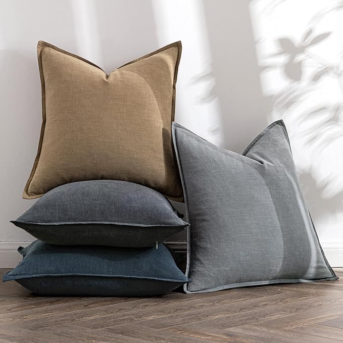 MIULEE Neutral Navy Linen Pillow Covers Pack of 4 Christmas Decorative Natural Throw Pillow Covers Soft Accent Boho Farmhouse Couch Pillowcases Coastal Home Decor for Living Room Bed Sofa 24x24 Inch