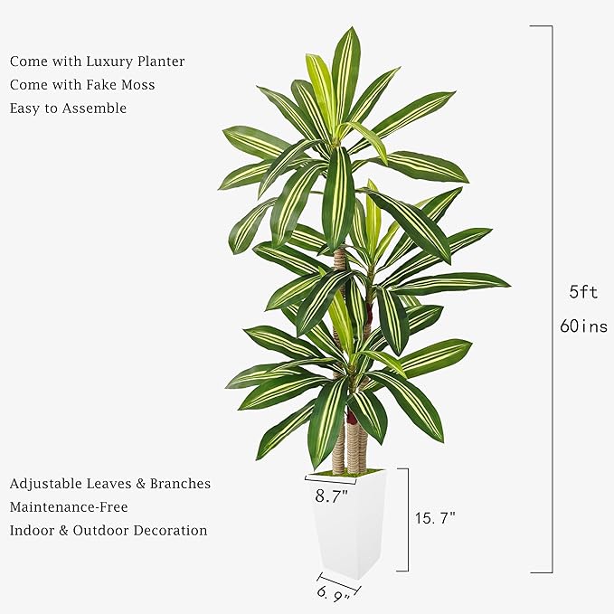 Artificial Dracaena Tree 5ft, Fake Plant with White Tall Planter, Faux Yucca Floor Trees, Artificial Silk Plants for Indoor Home Office Room Decor Housewarming Gift