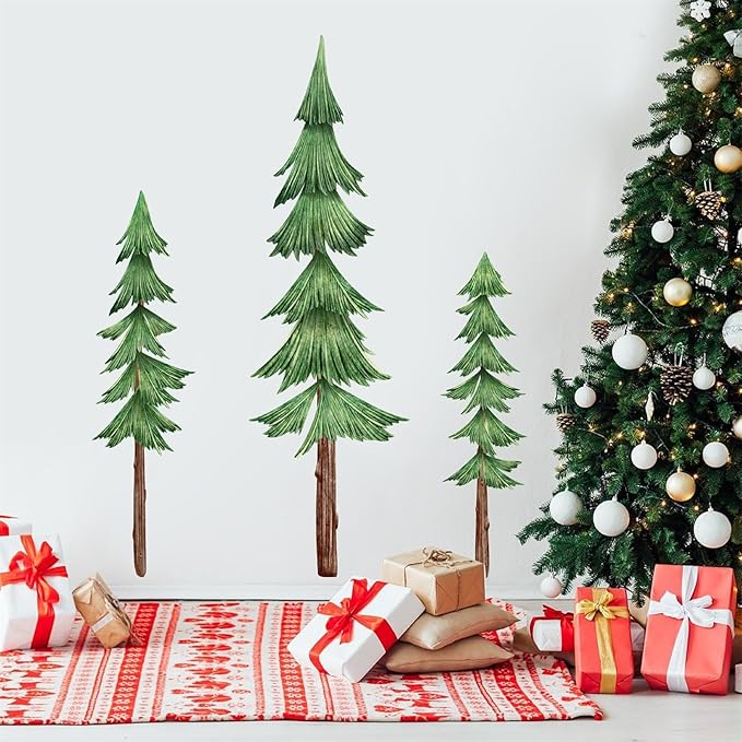Large Pine Tree Wall Decals Peel and Stick Watercolor Extra Large Tree Wall Decal Forest Nature Green Trees Stickers Woodland Giant Pine Trees Decals for Nursery Kids Room Decor
