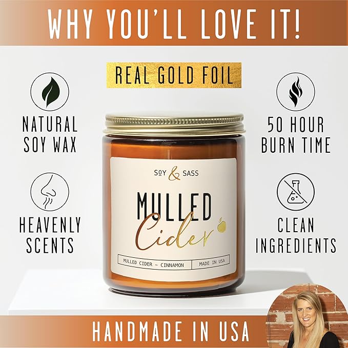 Mulled Cider Candle, Fall Candles I Apple Cider Candle w/Cinnamon & Nutmeg - Infused w/Essential Oils I Mulled Cider Fall Scented Candles (Soy) for Home I 9oz Reusable Jar I 50Hr Burn I Made in USA