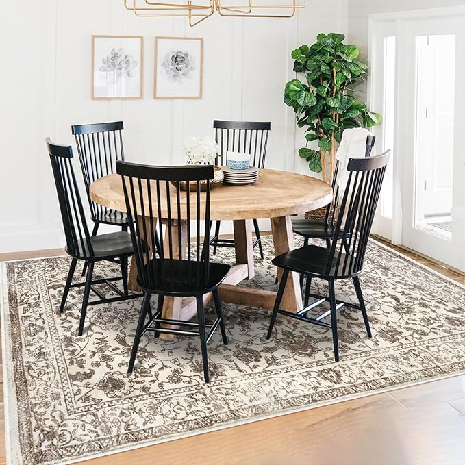 KILOCOCO Area Rug 5x7 Living Room Rug Washable Printed Vintage Floral Non Slip Soft Rubber Backed Indoor Bedroom Rugs for Laundry Room Kitchen Playroom Moroccan Area Rugs, Beige/Brown