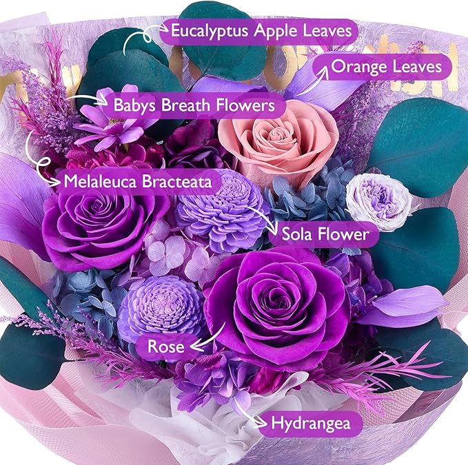 Eterfield Flowers for Delivery Prime, Christmas Forever Flowers Bouquet, Preserved Roses and Purple Flowers Birthday Gifts for Her Women Wife Mom Grandma Graduation Valentine's Day Mother's Day