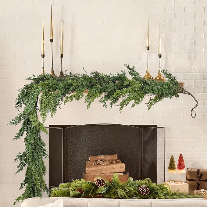 Lvydec Christmas Pine Garland Greenery Decoration, 6ft Realistic Cedar Branches Pine Leaves Cypress Garland for Holiday Mantel Fireplace Table Centerpiece