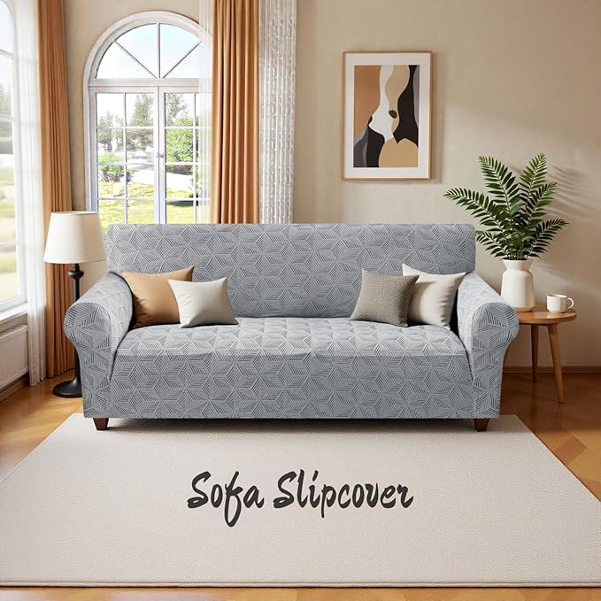 YEMYHOM 1 Piece Stretch Couch Covers for 2 Cushion Couch, Jacquard Loveseat Cover with Non-Slip Elastic Bottom, Thickened Slipcover Furniture Protector for Dogs Pets (Medium, Light Gray）