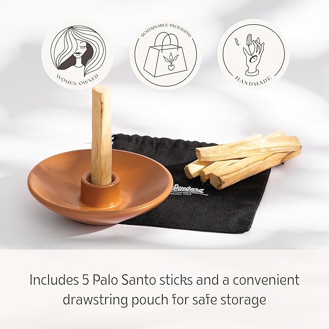Luna Sundara Authentic Peru Pottery Palo Santo Stick Holder and Incense Holder with 5 Palo Santo Sticks Handmade Ceramic Smudge Bowl Sage Holder Brown Gift Set