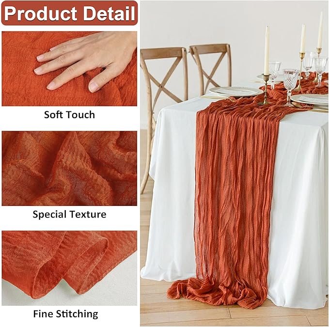 JOYIT 4 Pack Cheesecloth Table Runner 35" x 120" – Boho Table Runner Set for Wedding, Birthday, and Party Decor, Romantic Gauze Table Runner for Rustic and Elegant Tablescapes (Terracotta)